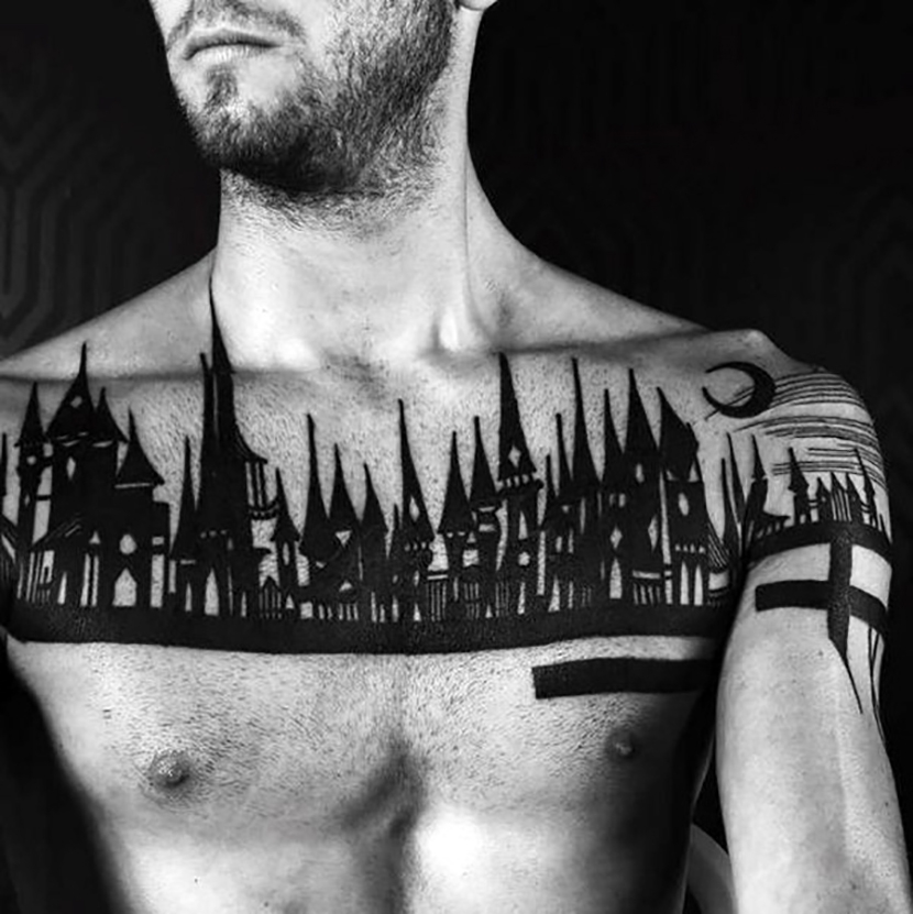  chest tatoo architecture city silhouette 