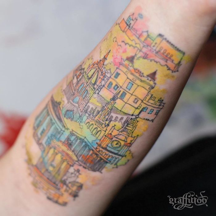  tatoo arm painting medieval city 