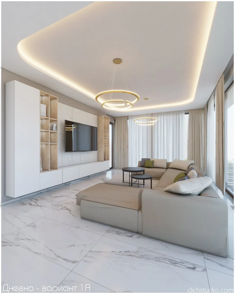 интериор на дневна, скрито осветление таван модерна визия мраморни плочи