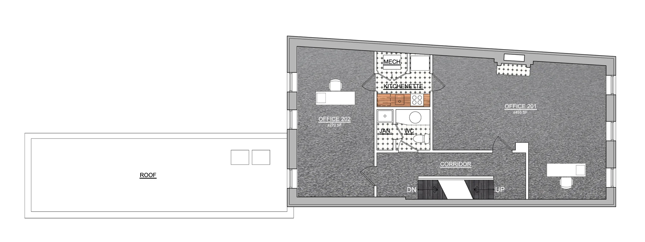 Trombley - Office 201 - 2nd floor - Front - 455 square feet. Access to shared kitchenette. LEASED The Charles Room - Office 202 - 2nd Floor - Rear - 270 square feet - Access to shared kitchen. LEASED