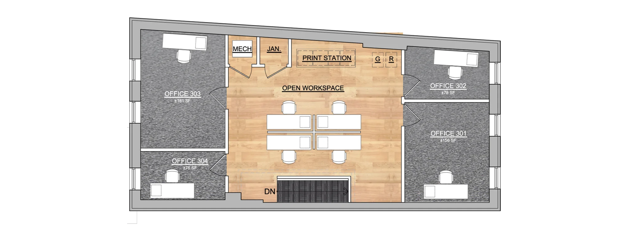 The Beaubien Space - 3rd Floor - Center of the building. Desk, cabinet, chair in shared space. Access to The Parlour Room, etc included. $250/desk/month. 1 AVAILABLE Beecher - Office 301 - 3rd Floor - Front - 150 square feet- 1-2 employees. LEASED Whipple - Office 302 - 3rd Floor - Front - 78 square feet- LEASED Campau - Office 303 - 3rd Floor - Front - 181 square feet- 1-2 employees. LEASED McClelland - Office 304 - 3rd Floor - Front - 75 square feet- LEASED