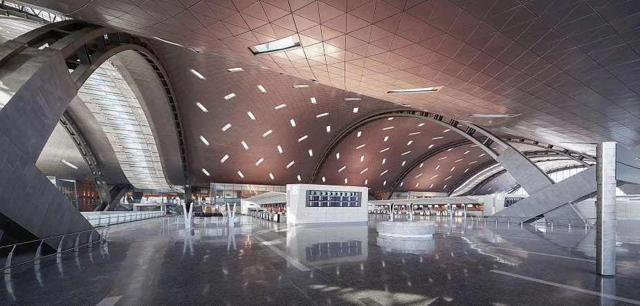PVD ceiling panels in an airport terminal.