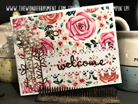 Garden Impressions Designer Series Paper is again featured with the Delightfully Detailed Laser-cut Speciality paper and the copper foil sheets and the Occassion’s Well Said bundle. SUCH a beautiful bundle!