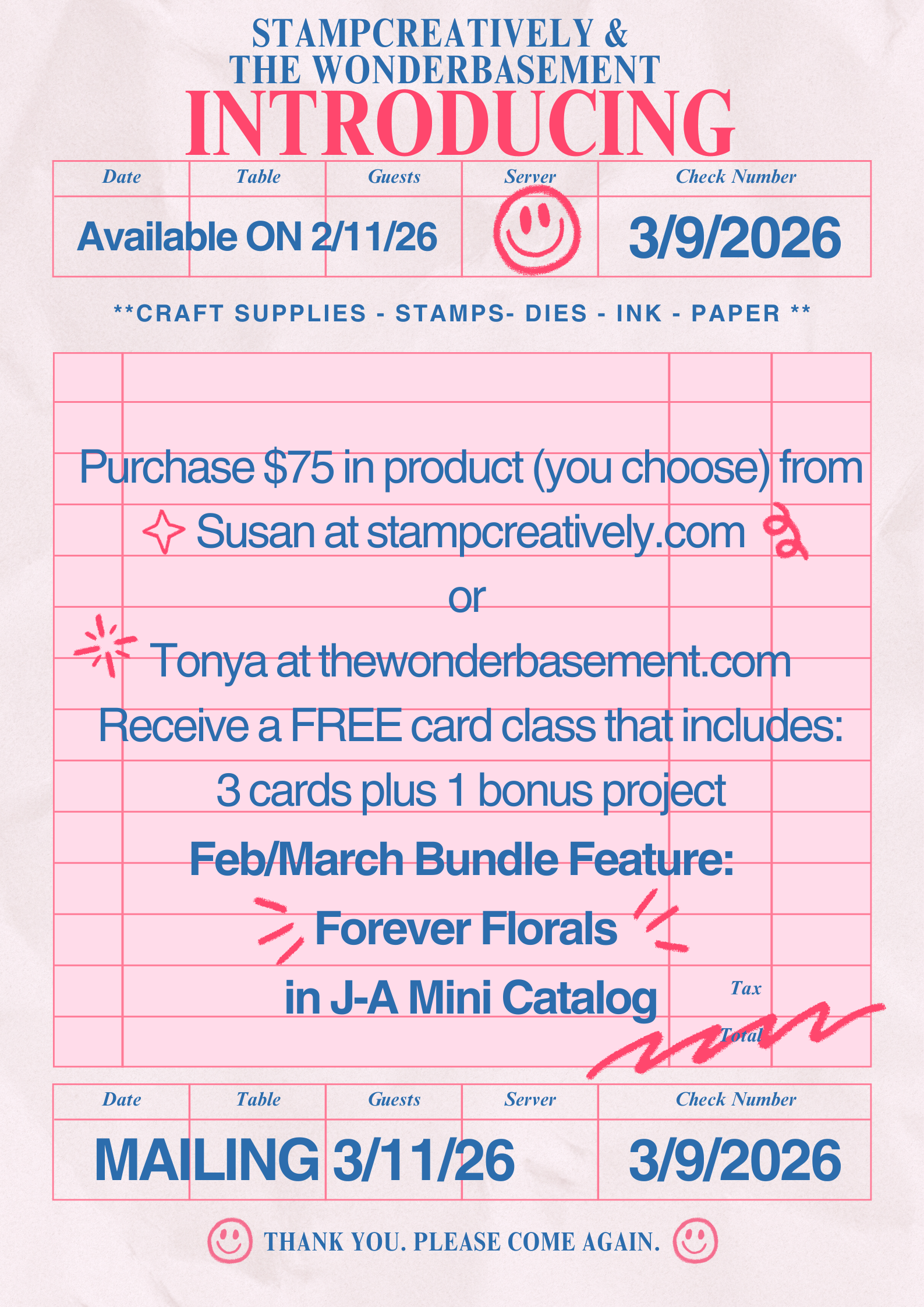 picture of a paper sales ticket that has the March class offering. Purchase $75 in product & receive a free card class that includes 3 cards and 1 bonus project.
