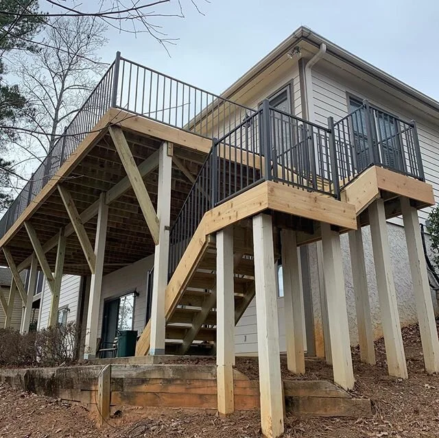 New deck and rails for a #keoweekey lake house. #riseandrunsc #riseandrunstairworks