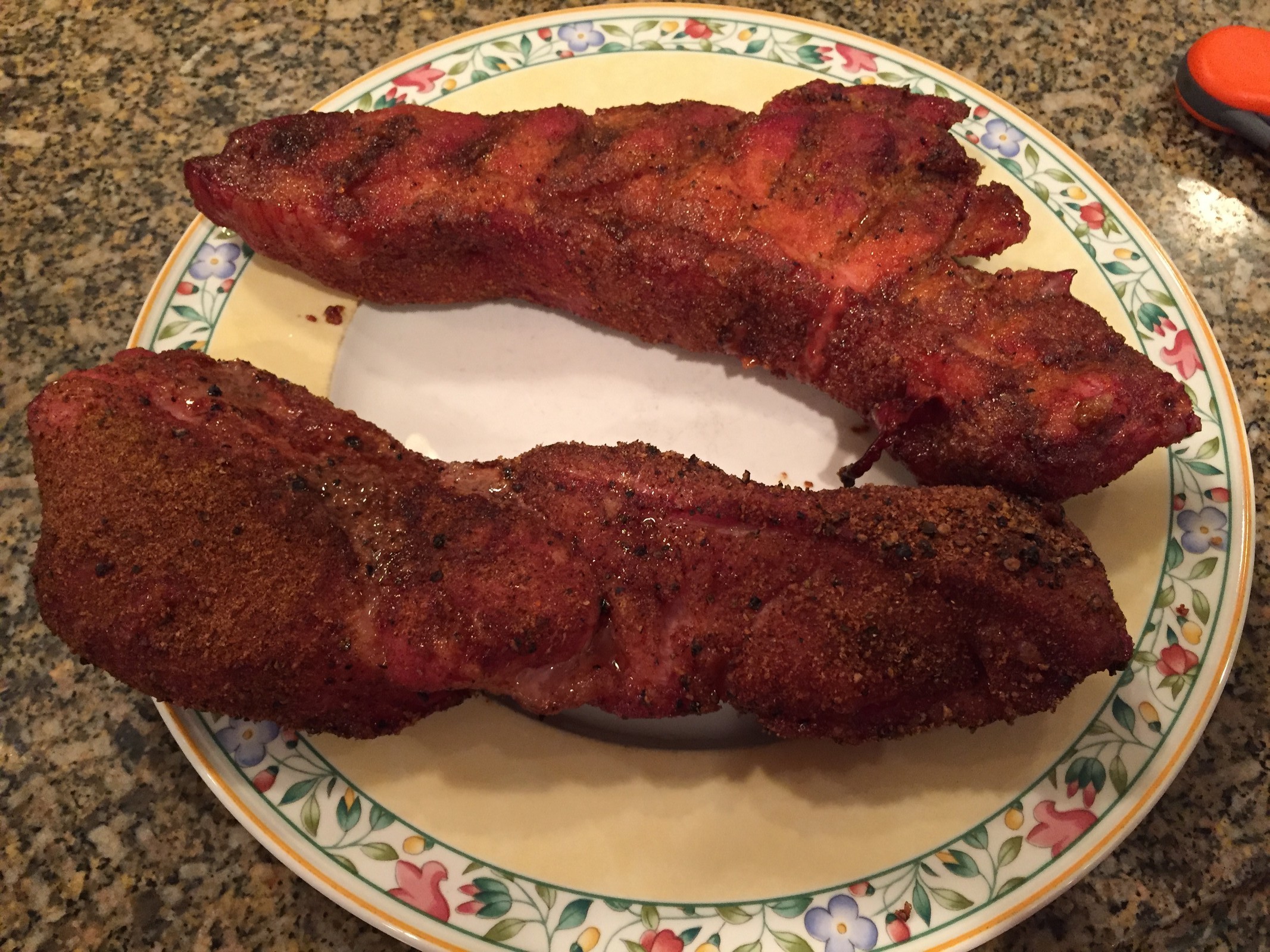 Brown sugar rub on country style pork ribs.