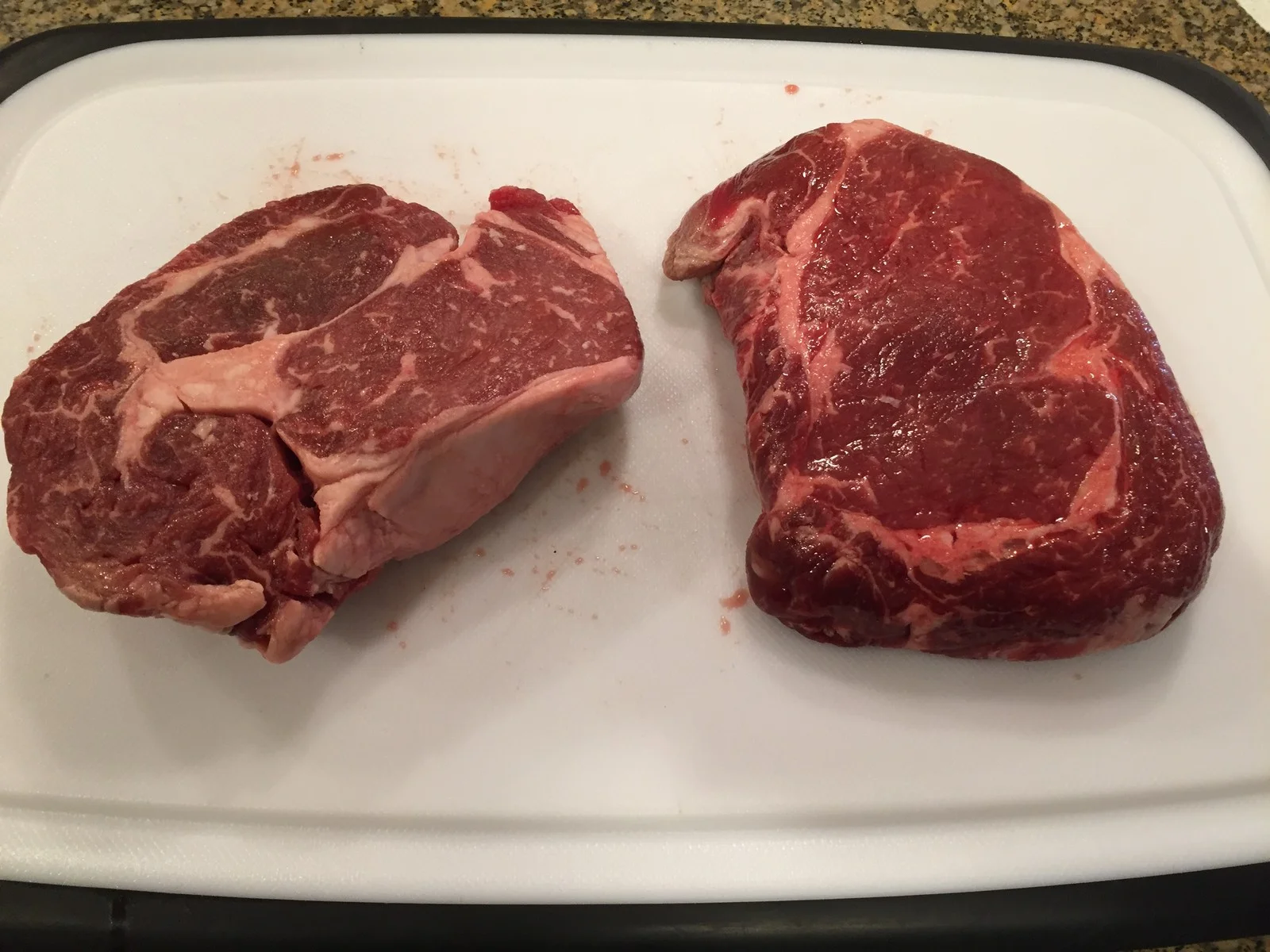 THICKER, WELL-MARBLED RIBEYE STEAKS WORK BEST FOR SMOKING.