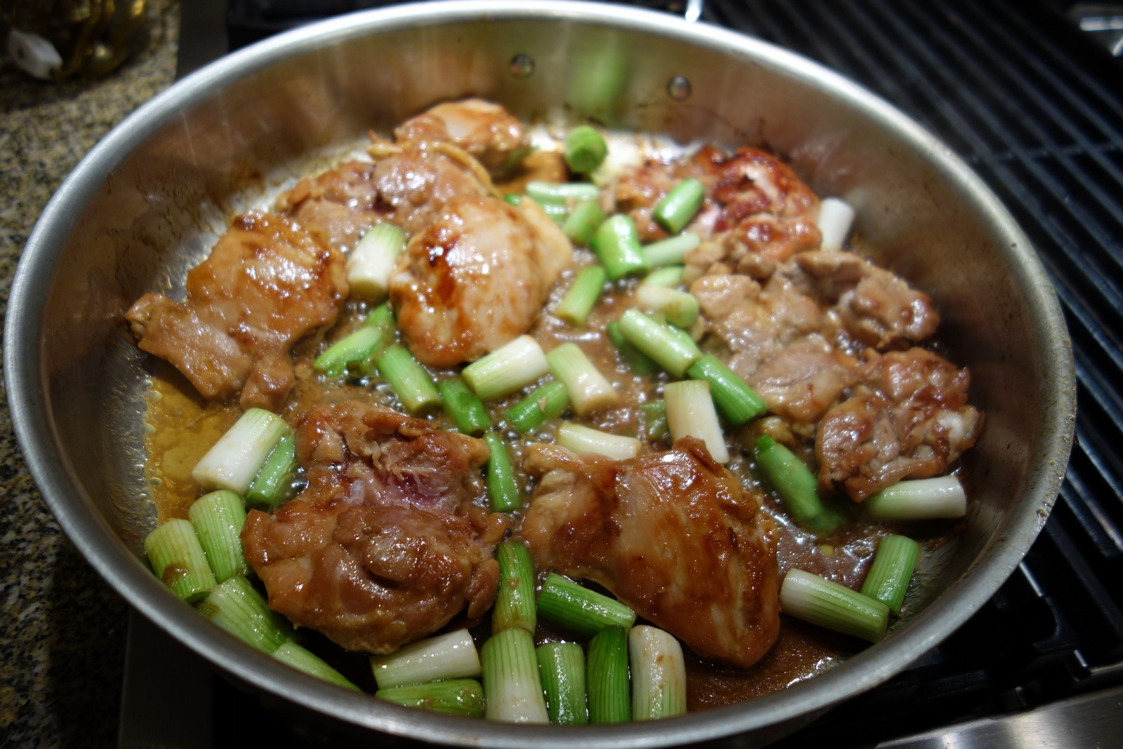 Add the green onions part-way through. cook about another 10 minutes until chicken reaches 175 internal temperature.
