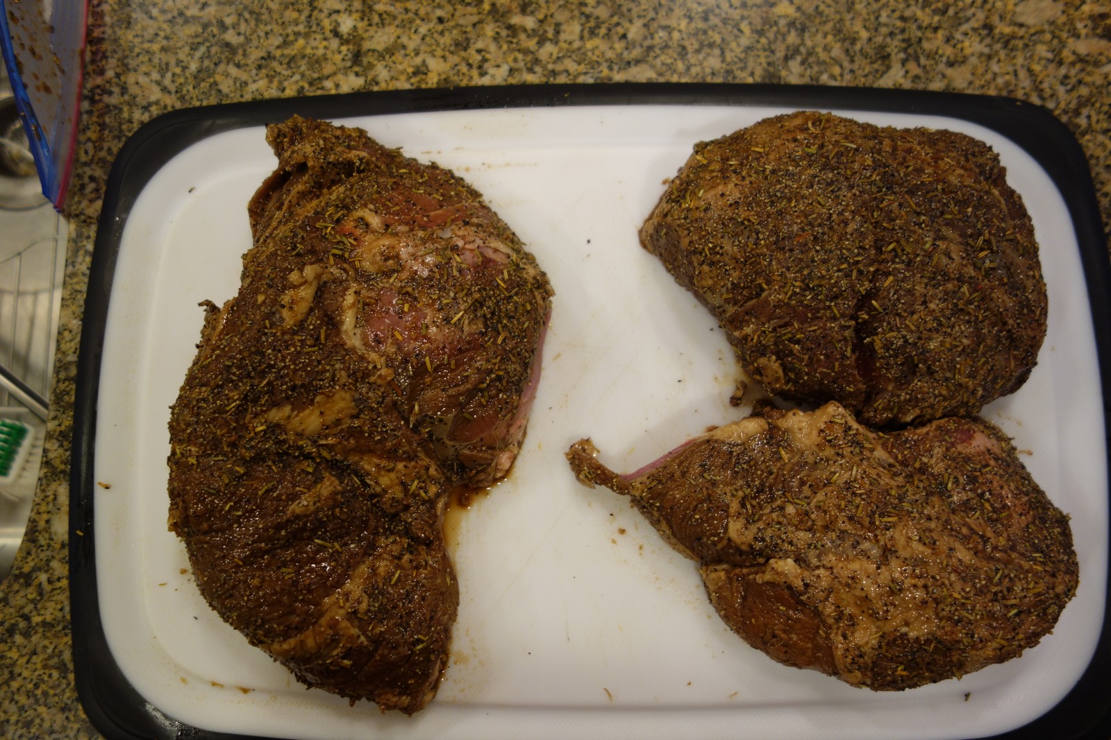 After marinating, I split the leg in half - cooked the two pieces on the right, and froze the rest for an easy meal in the future.