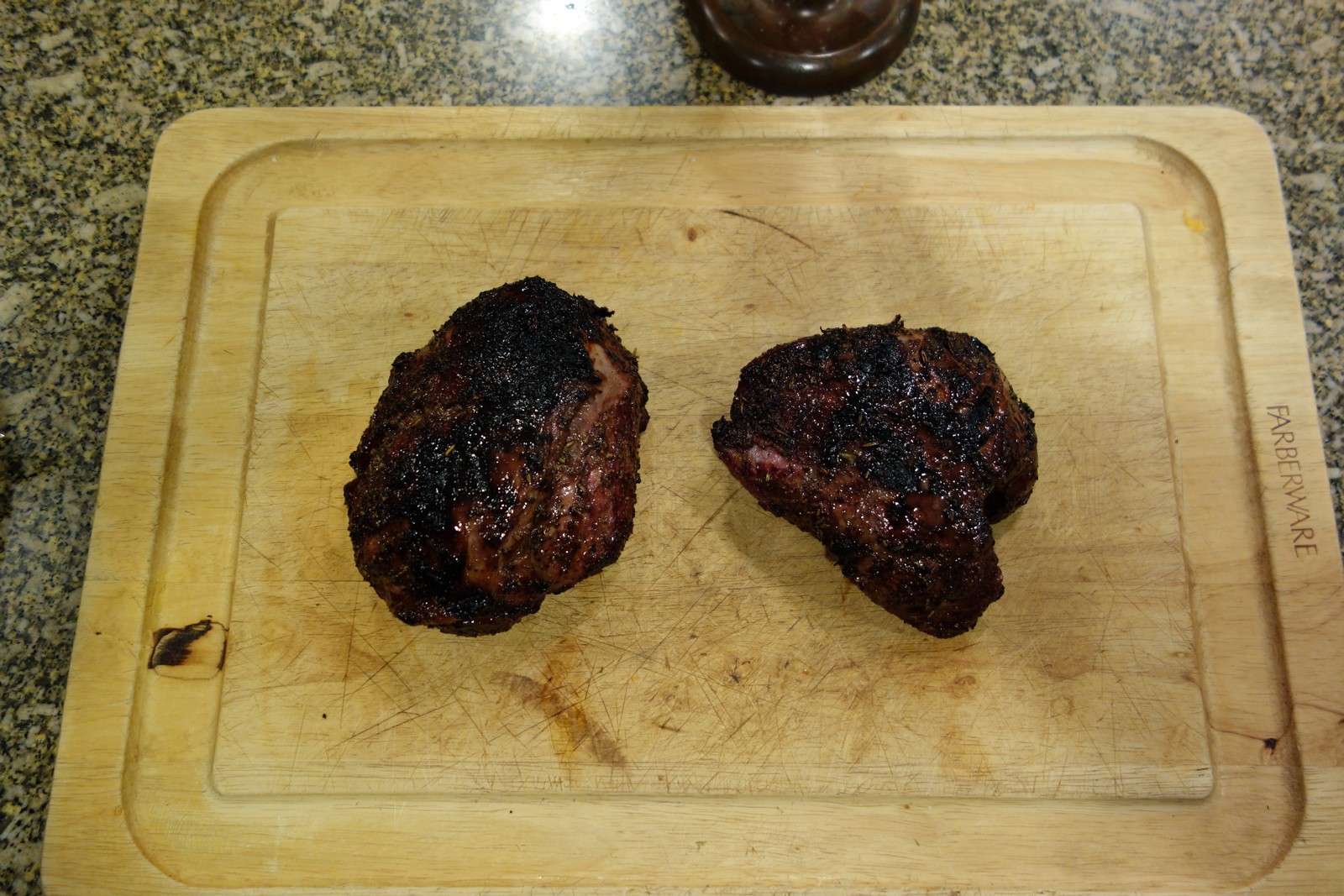 Straight off the grill - looking good! Let them rest for 5 minutes before carving. If they are large, like the one on the left, carve the whole thing to keep it from cooking further.