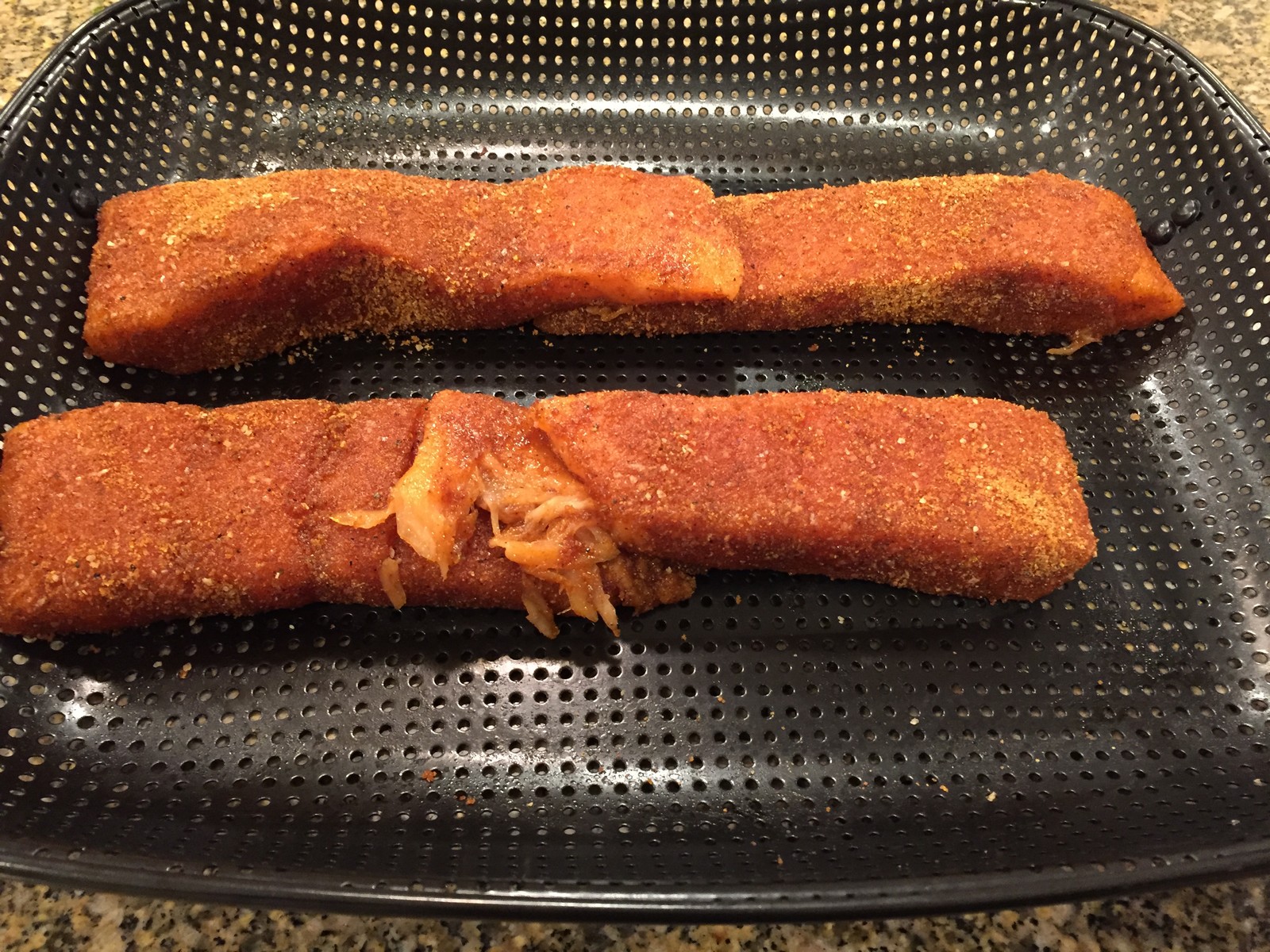 I like to overlap the thin ends to ensure even cooking.