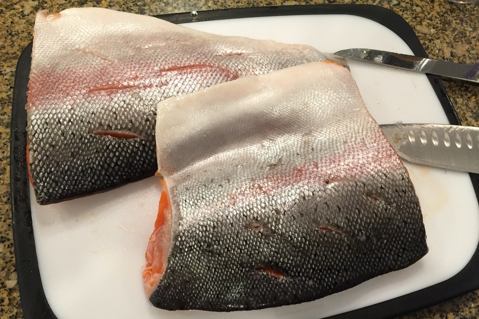I cut into the skin on each side to allow the marinade to penetrate into the meat.