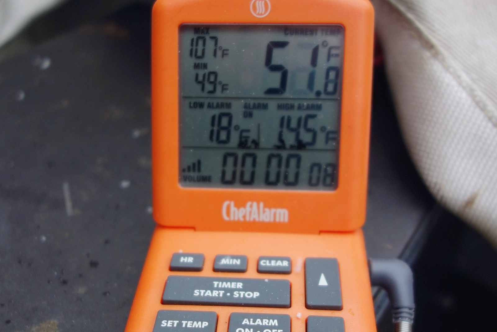 Start your cooking timer and set your temperature alarm for 145F.