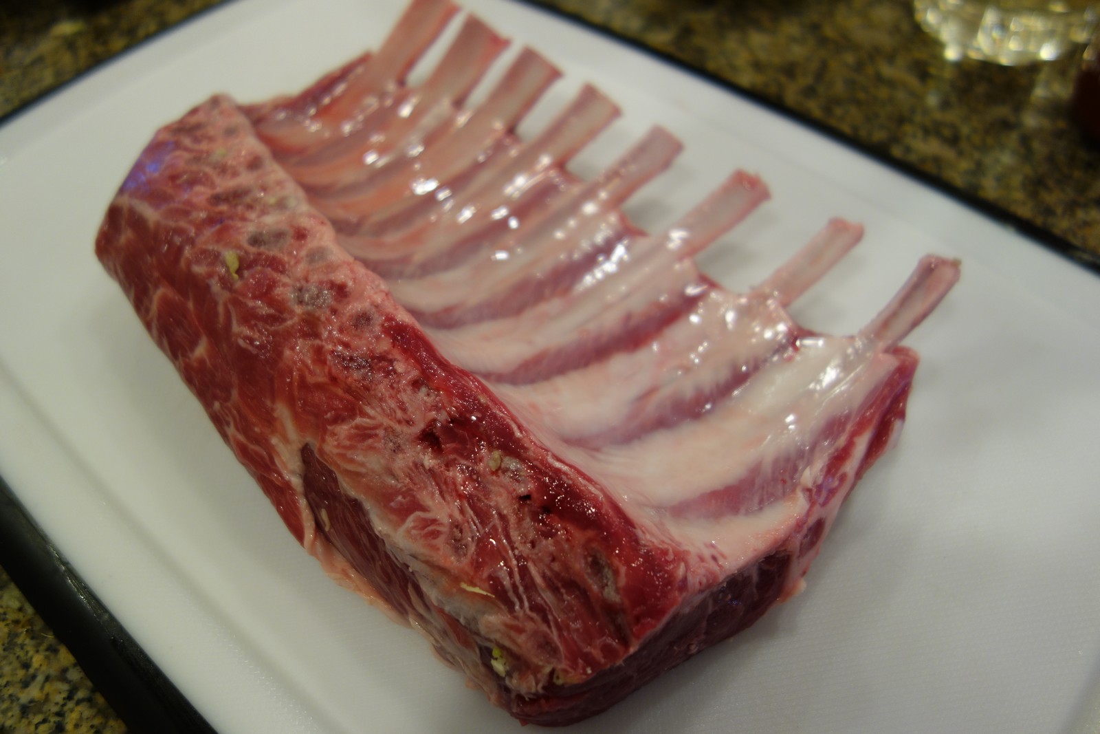 The Costco rack is already frenched, meaning the meat between the end of the bones has been removed.