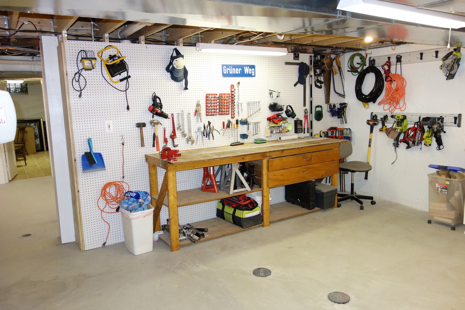 Some Gladiator GearTrack on the wall to the right puts my most popular power tools within reach.