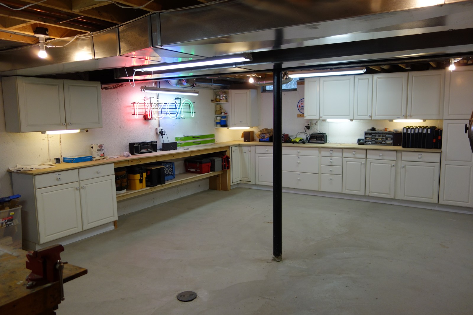 Here's the rest of my workshop. It's reasonably nice for an unfinished basement, so the unfinished wall was a real eyesore by comparison.