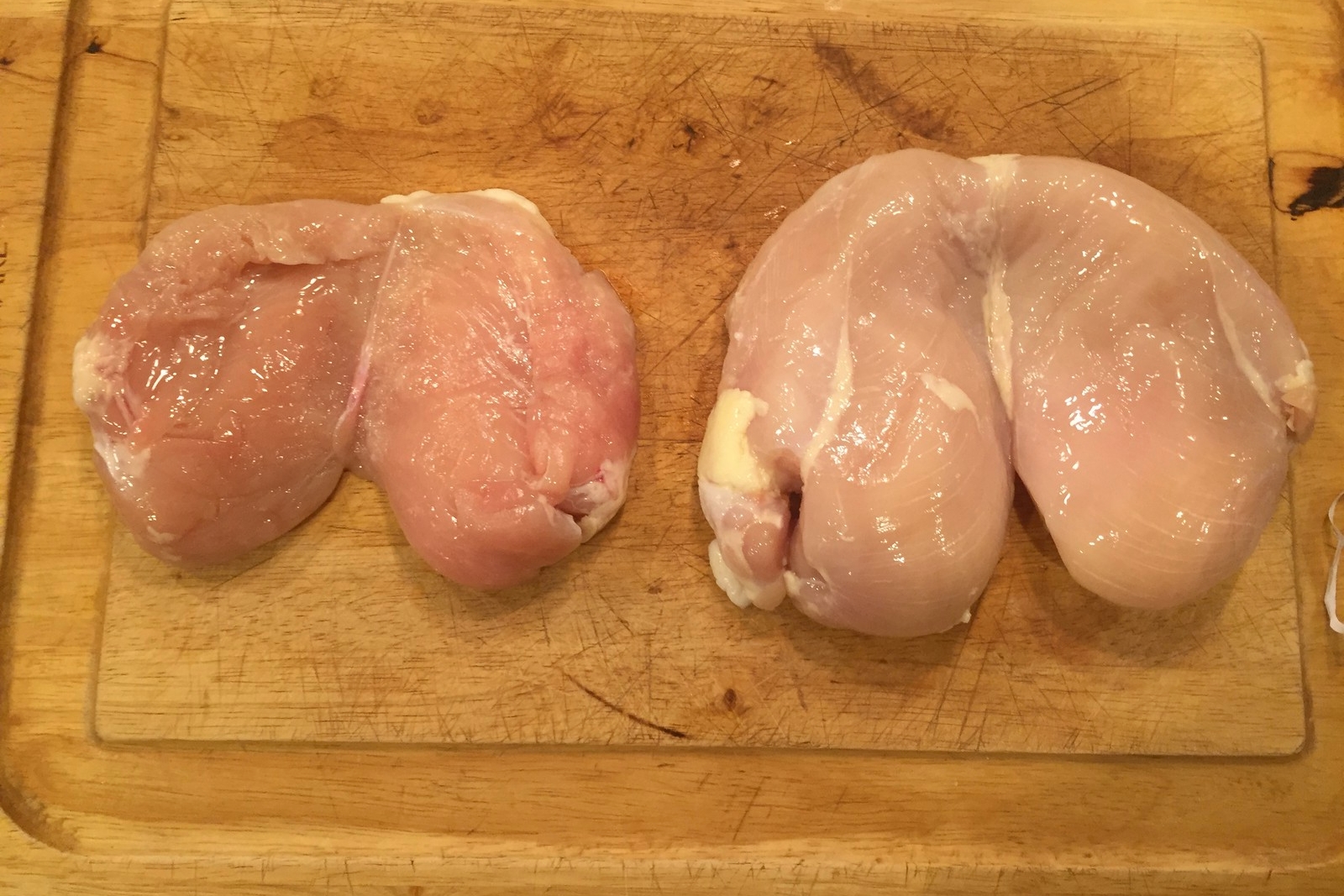 The Amish breast (left) at 0.7 lbs was much smaller than the butcher shop's normal breast at 1.6 lbs.