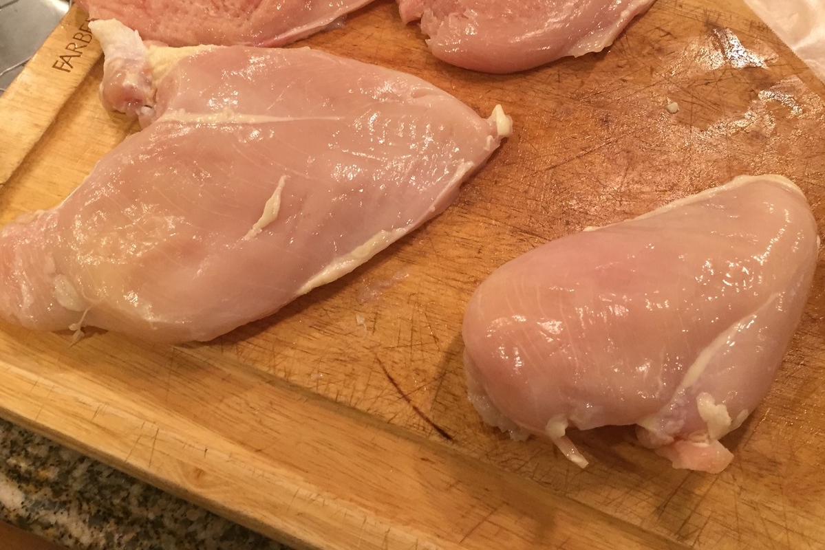 The "normal" breast on the right has not been pounded yet. The breast on the left has. Notice the size difference after pounding.