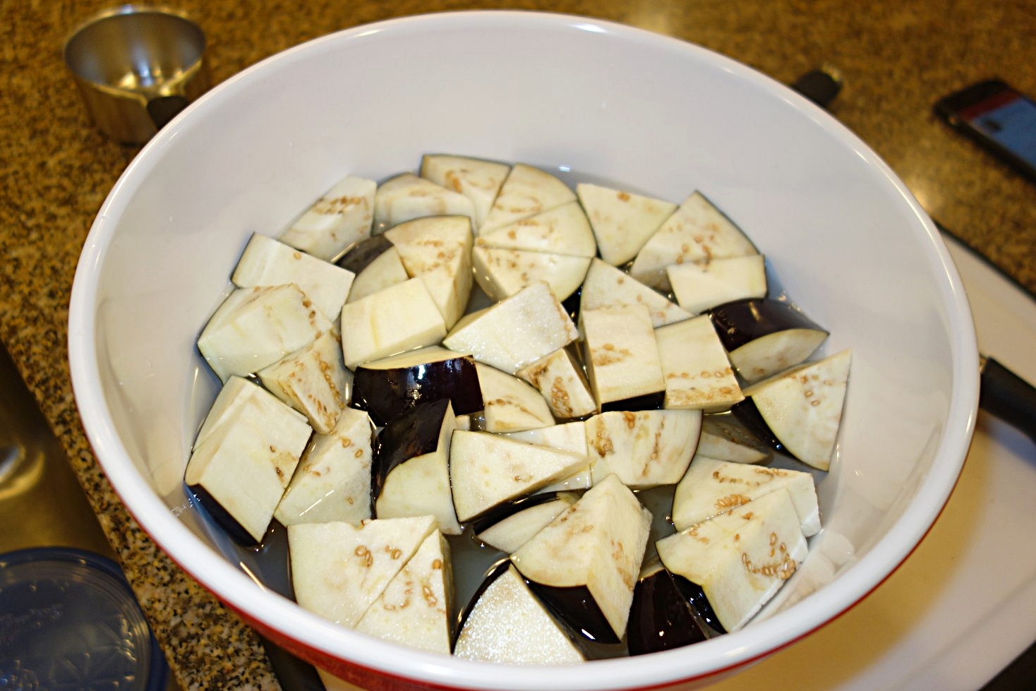 Bath them in salt water for 15 or 20 minutes. I like to put something on top of them (not shown) so they are covered with water on all sides.