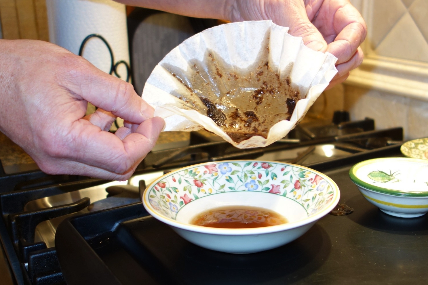 Strain the foam out by pouring the mixture through a coffee filter into a bowl. This will take a couple of minutes to get the clear brown butter through the filter.