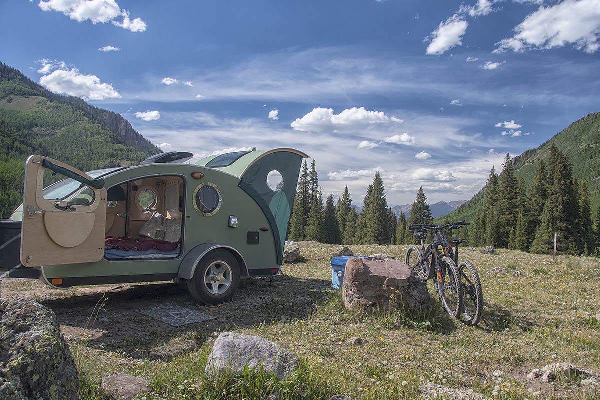 Vistabule trailer and scenic mountain view