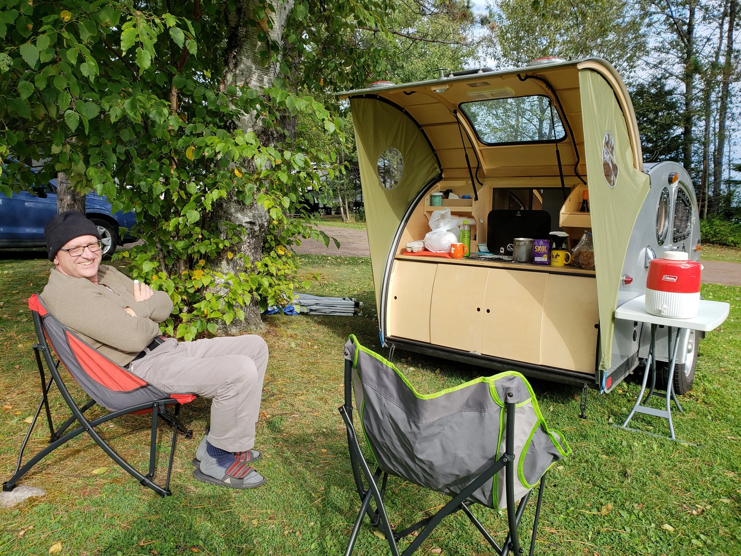 Campsite and Vistabule trailer kitchen