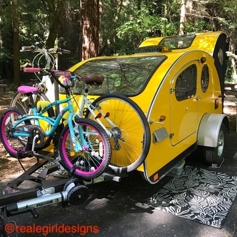 Vistabule teardrop trailer with bike rack