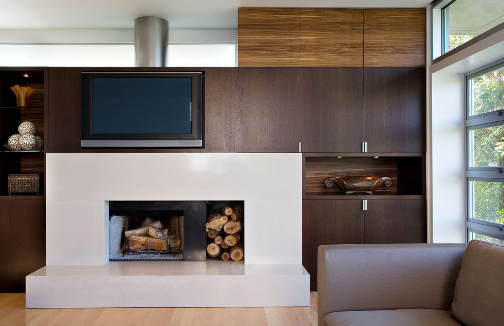 The lower family room fireplace