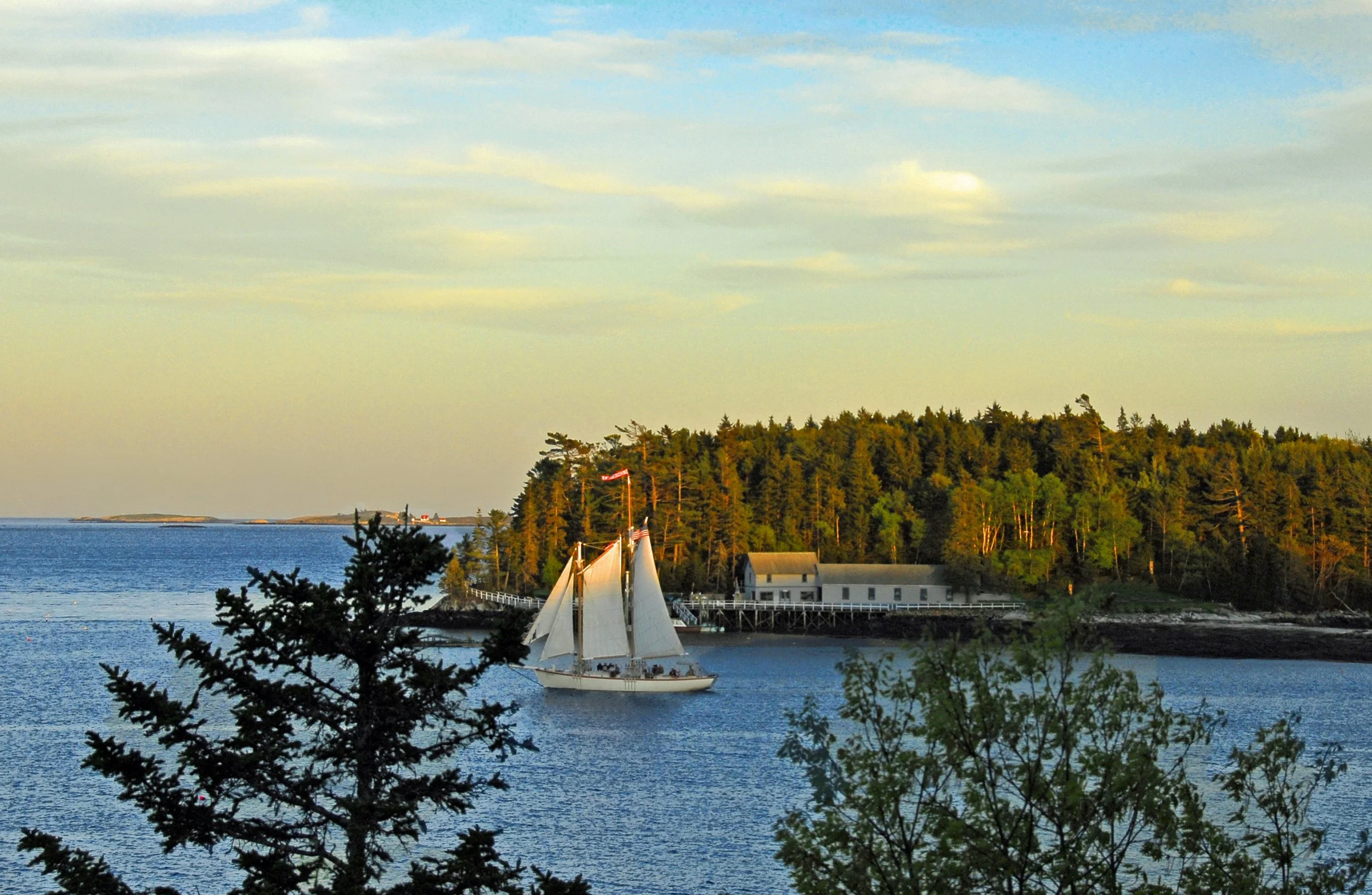 A sailboat with white sails on a calm blue body of water near a wooded shoreline with trees and small buildings, under a partly cloudy sky.