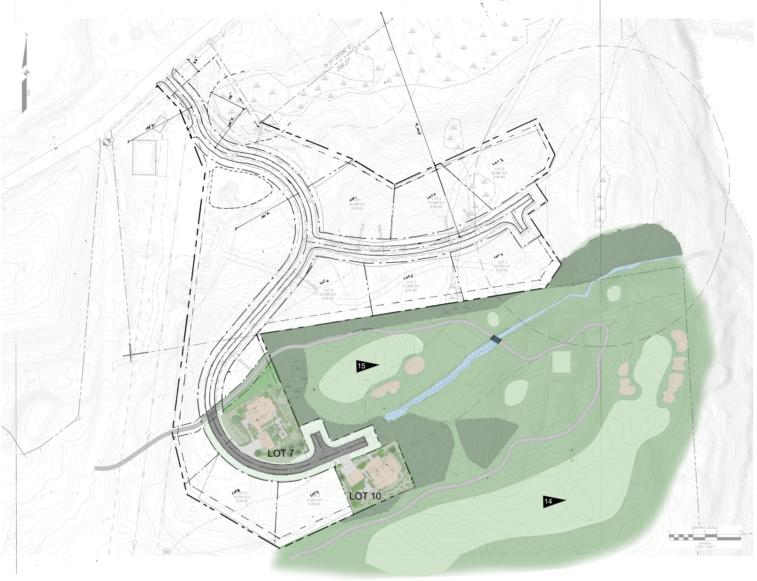 Site development plan showing lot divisions, roads, topographical contour lines, and designated areas for construction.