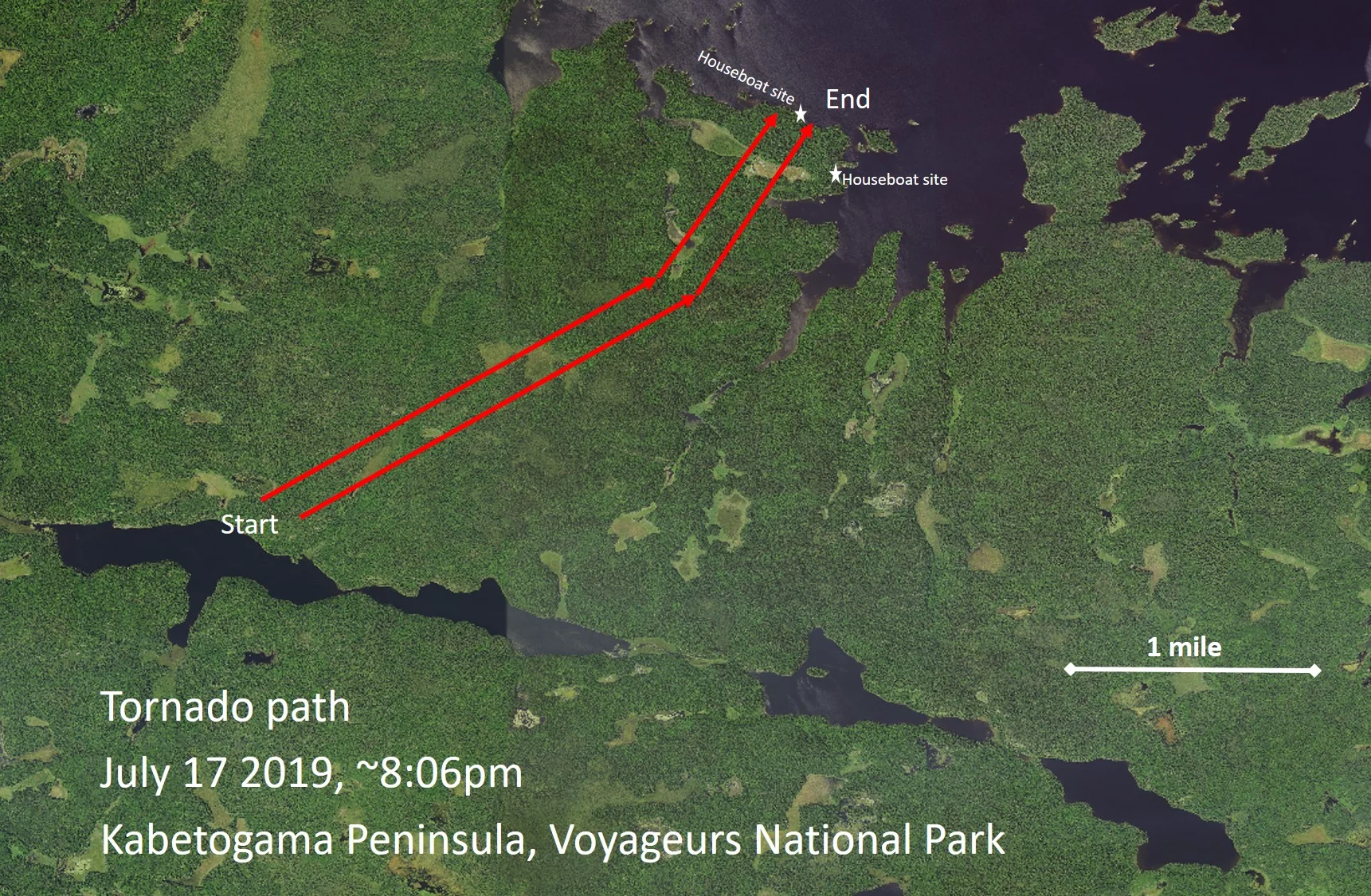 Map depicting estimated route of the tornado through the Kabetogama Peninsula, Voyageurs National Park (illustration by NPS staff).