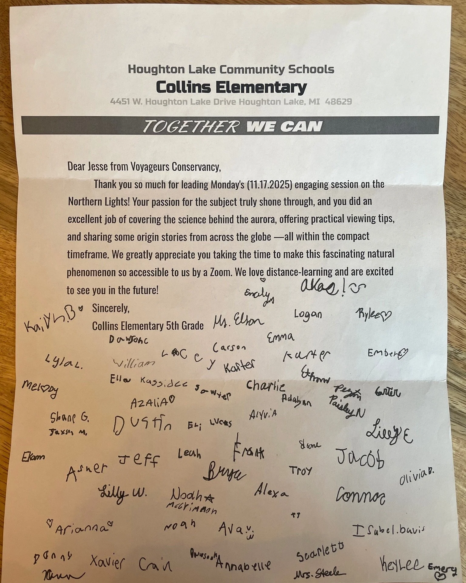 We love getting notes like this 💫

After a recent virtual Dark Sky Classroom with Collins Elementary, part of Houghton Lake Community Schools in Michigan, we received this heartfelt thank you for Jesse&rsquo;s session on the Northern Lights:

&ldquo