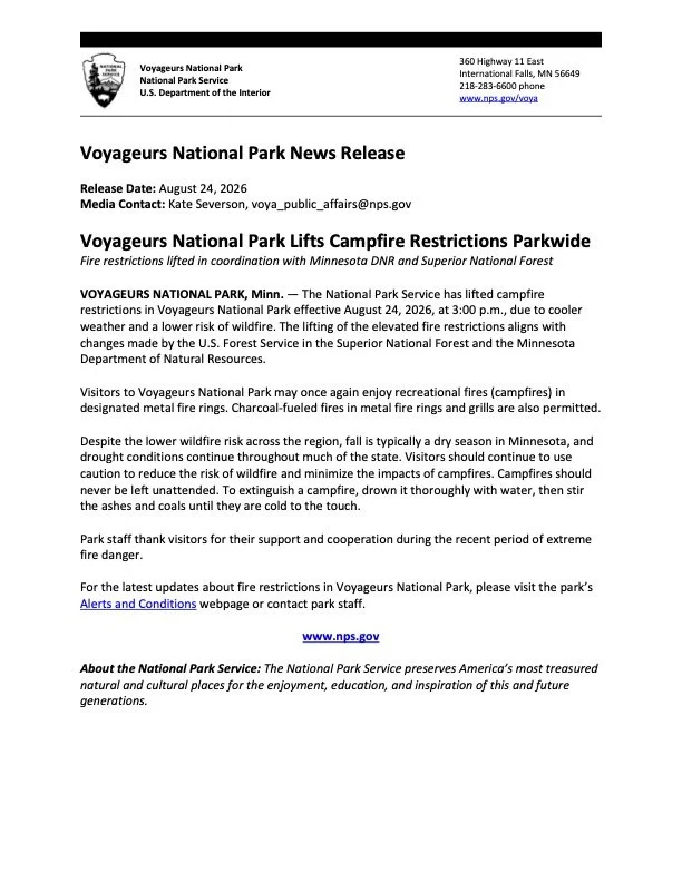 Voyageurs National Park News Release: Voyageurs National Park Lifts Campfire Restrictions Parkwide