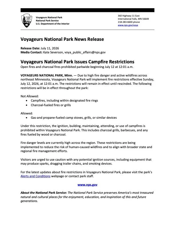 Voyageurs National Park News Release: Voyageurs National Park Issues Campfire Restrictions