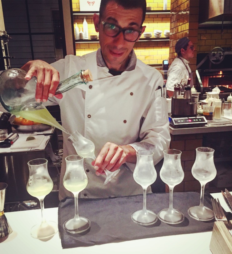 Preparing the cocktail pairing for our crab dish, "Aceite de Manaznilla", which consisted of gin, dry sherry and lemon