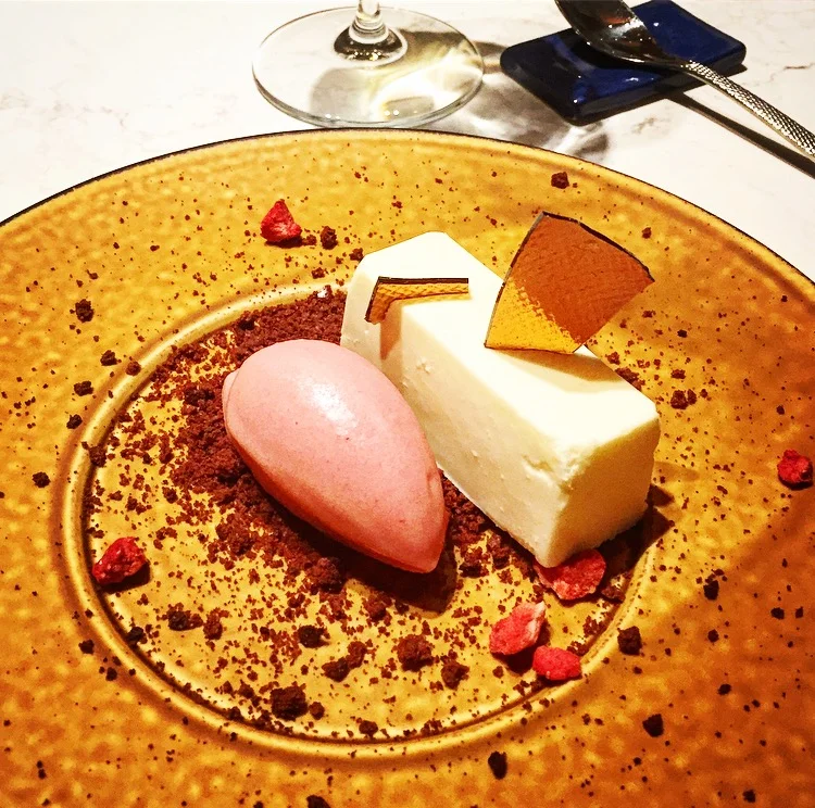 Goat cheese bavarois with chocolate, dates, strawberry and balsamic