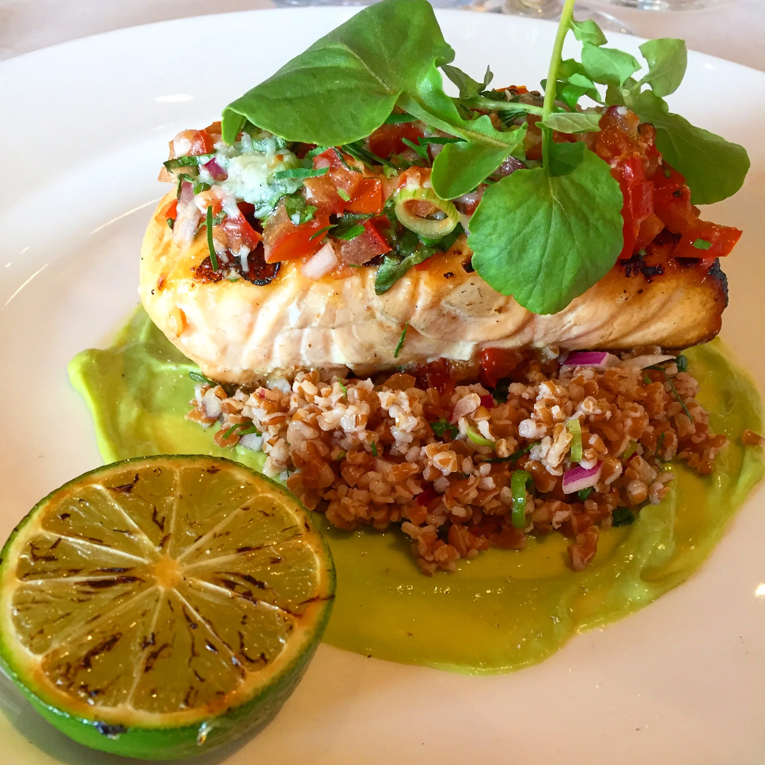The Salmon dish: a perfectly cooked fillet of salmon with a tomato and parmesan crust on a bed of bulgar wheat and smear of avocado. This was one of my favourite and most interesting bites in Bermuda.