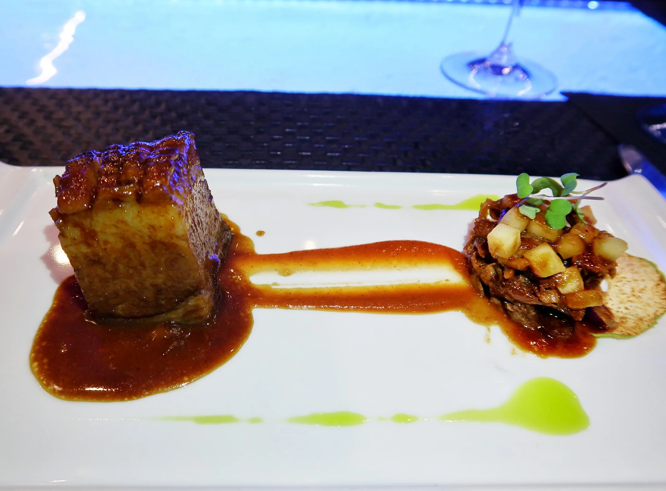 Pork Two Ways: Braised pork belly in a guava marinade and pulled baby back ribs in a vindaloo sauce and apple chutney