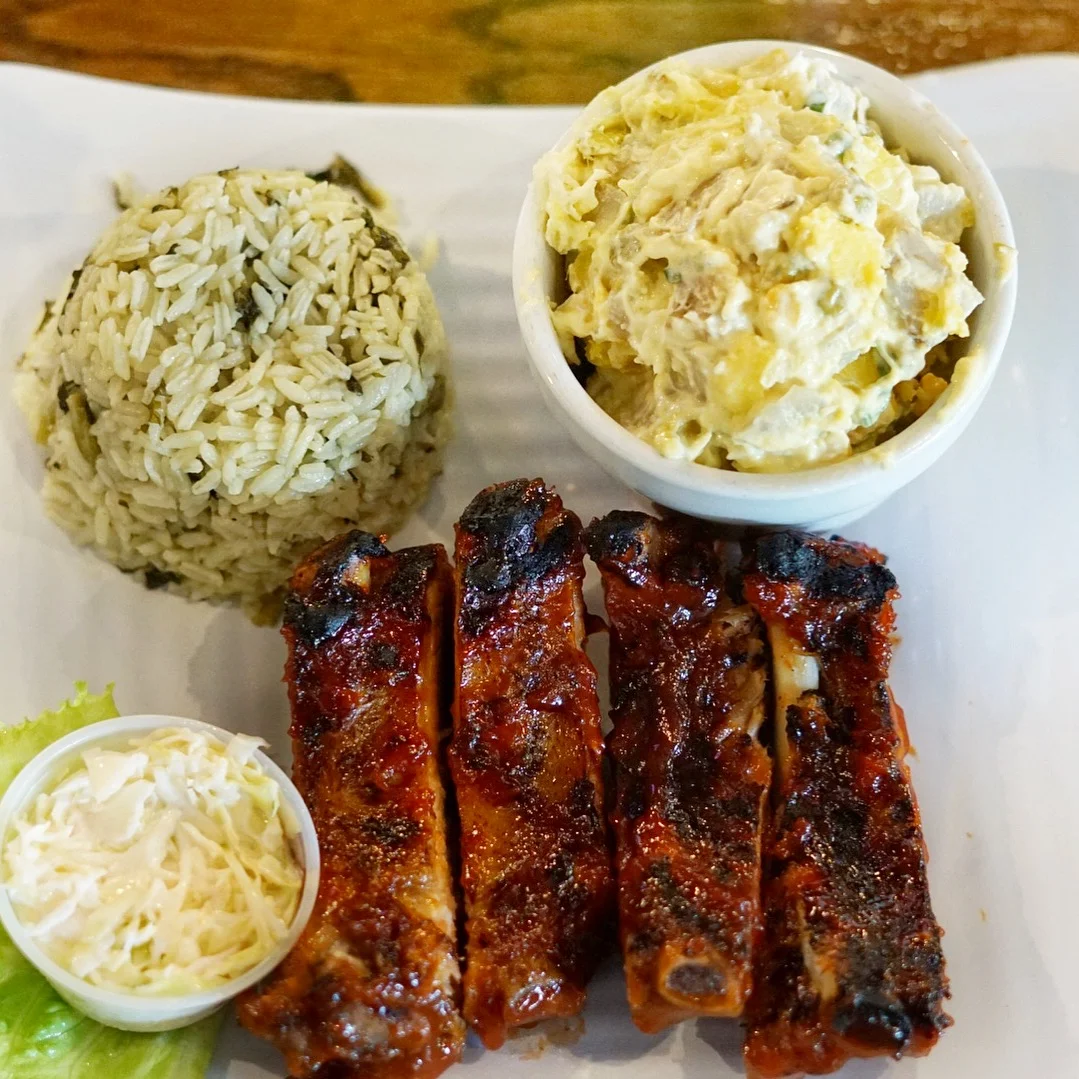 One of their most popular dishes is the Famous BBQ Baby Back Ribs. They literally fall off the bone and their homemade BBQ sauce is to die for. Served with your choice of sides, so I went with their callaloo rice and sweet potato salad.