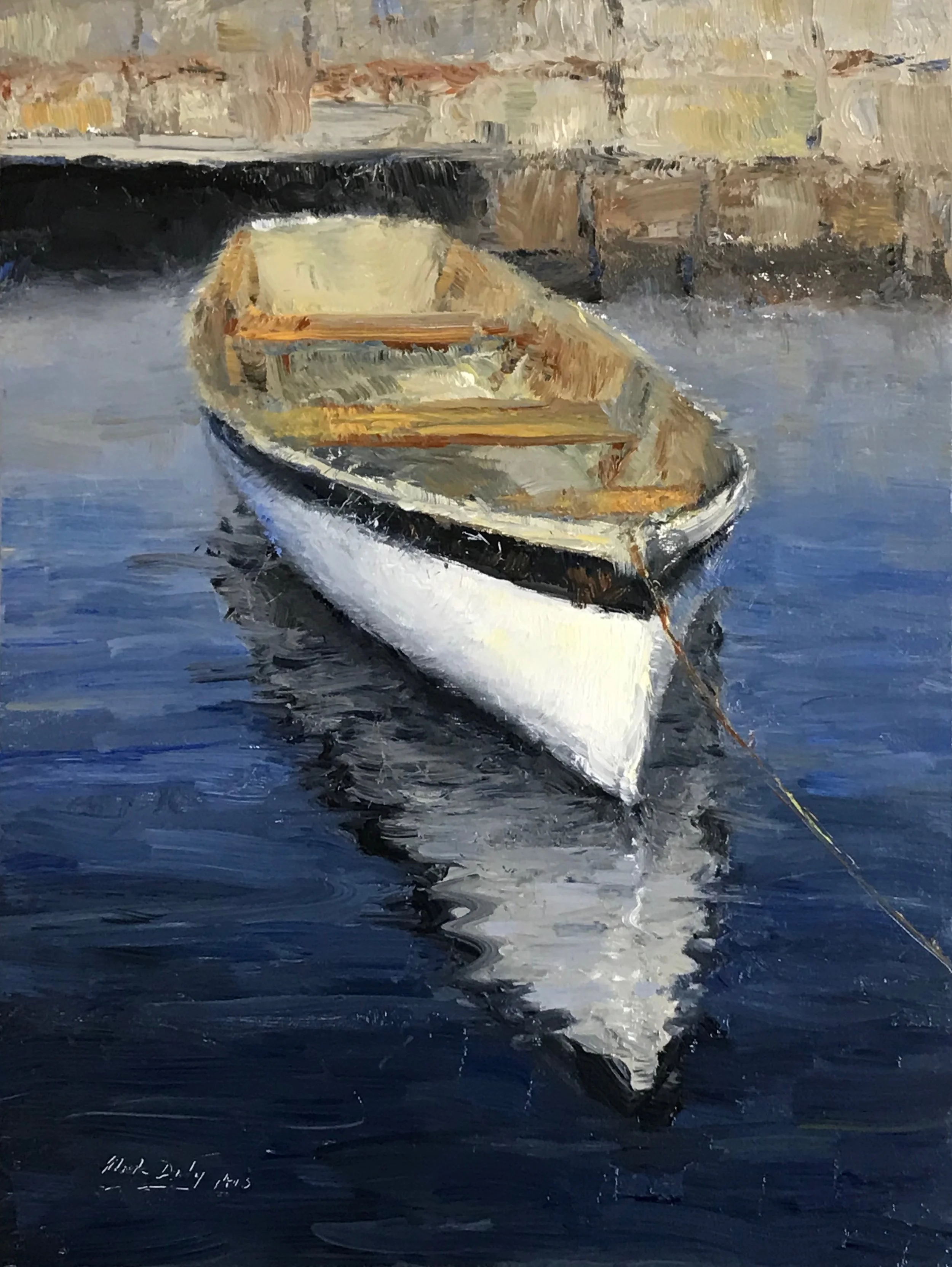 White Boat Reflections, Oil 12 x 9. Signed lower left by Mark Daly. Exhibited at OPA National Show.