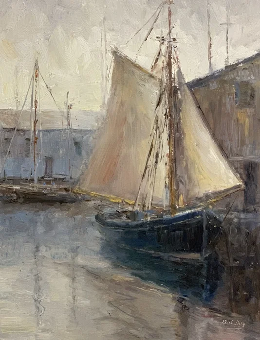 Drying Sails, oil on linen, 12” x 9” SLR by Mark Daly.