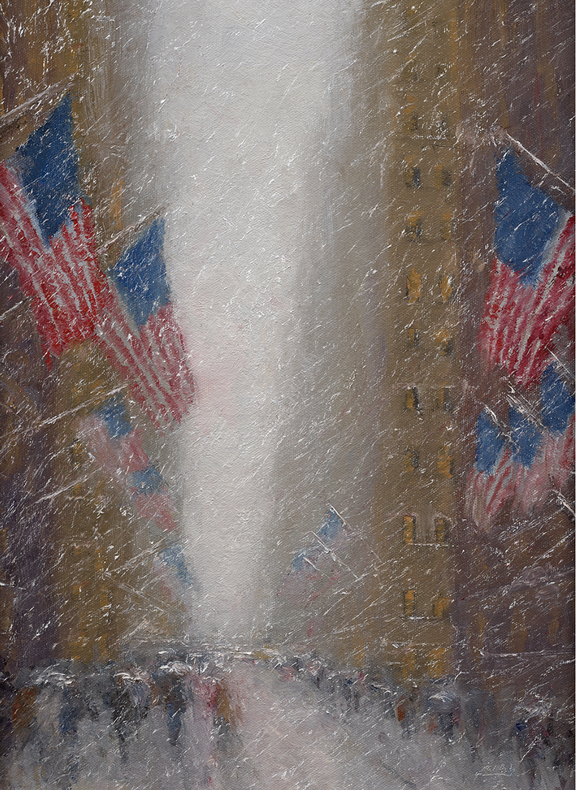 “Snow Along The Avenue,” oil on linen, 16 x 12. Available at Rehs Contemporary Galleries.