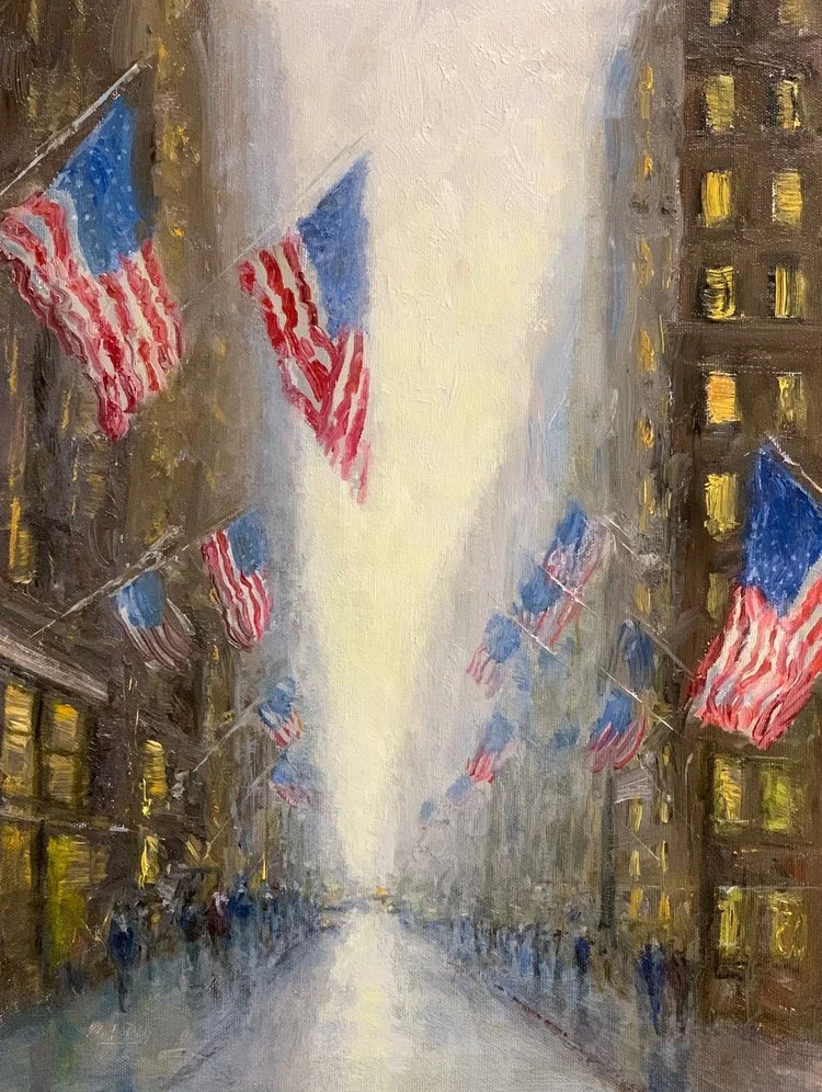 Flags Along The Avenue by Mark Daly. Oil on linen. Available at Greenacres Art Guild 2019 Show opening November 8, 2019.