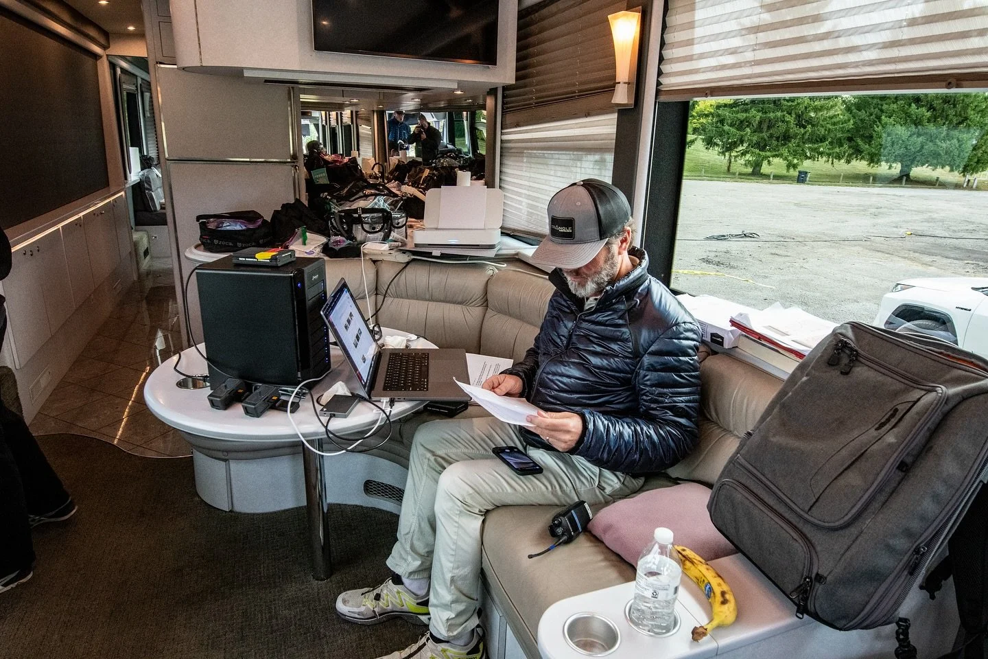 The quiet before the storm.  @allenfarst prepares for a long shoot day on @triangleparkmovie #triangleparktriangleparkmovie #setlife #dga #directorlife #directorsguildofamerica #buslife