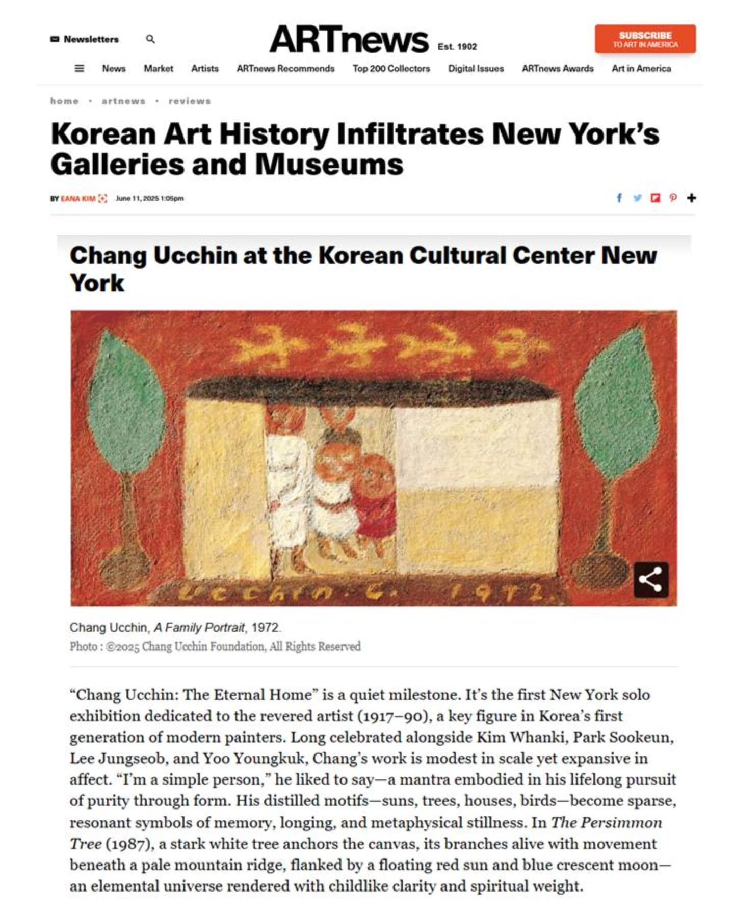 We're thrilled to see Korean modern art recognized by @artnews 🎉

The feature highlights Chang Ucchin: The Eternal Home &mdash; the first New York solo exhibition of the legendary Korean painter. His work, filled with childlike clarity and symbolic 