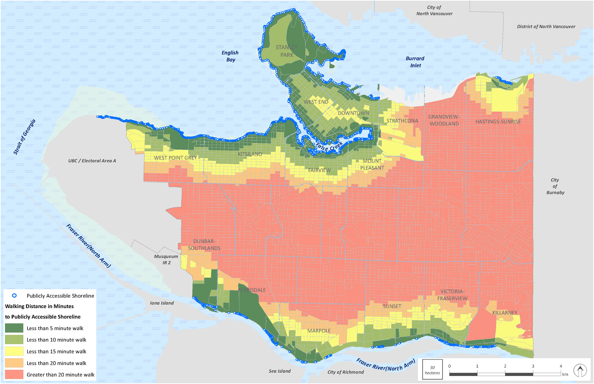 Walking distance to publicly accessible shorelines