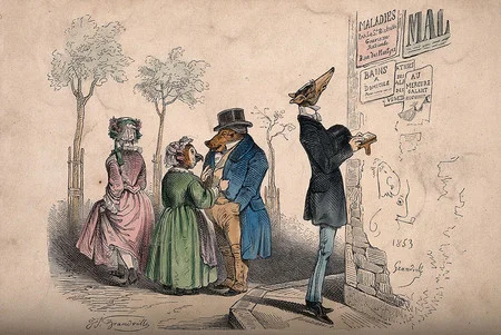 An 1853 engraving by French caricaturist J. J. Grandville that depicts animals behaving as humans. Image: Wellcome Library, London. Wellcome Images under the CC BY 4.0 license