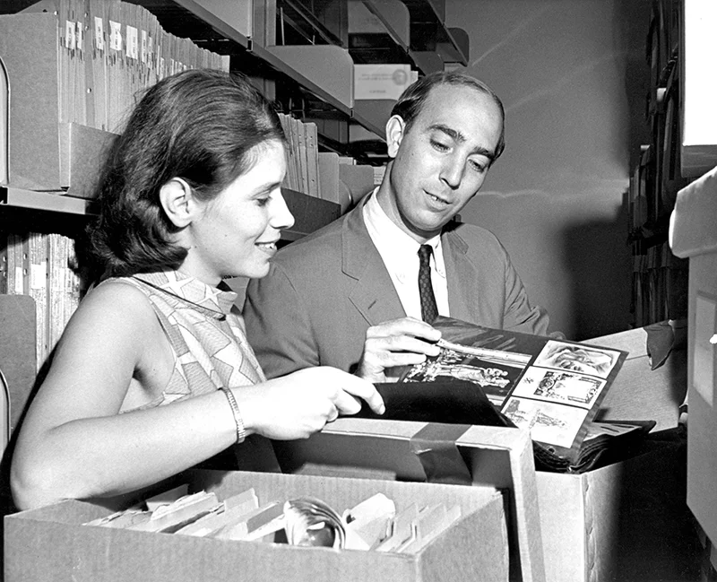 Judy Goodstein, left, with Dan Kevles reviewing materials for the Caltech Archives. Goodstein was the first archivist at Caltech, a position and program created by Kevles. Today the Archives’ unique research collections in the history of science and…