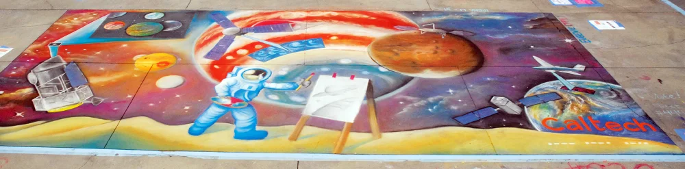 A team of artists represented campus and JPL at the Pasadena Chalk Festival, held in June at the city’s Paseo Colorado (see story at right). Their artwork, entitled Out-of-This-World , featured past, present, and future space missions including Juno, OCO-2, and Mars InSight. The paintbrush-wielding astronaut (above) is drawn in the style of Alan Bean, the late astronaut who was also an artist. Photo/Thomas Willard