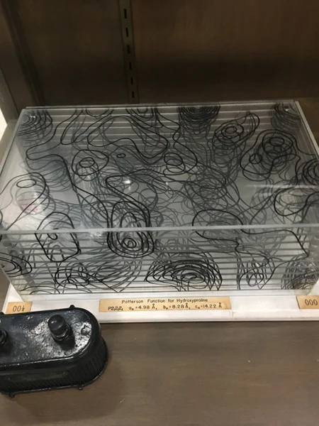 A 3-D Patterson map used in solving the structure of the amino acid hydroxy‐L‐proline. The contours are hand-drawn from a computer printout on Plexiglass sheets. The map was used to obtain the structure of the molecule from X-ray photographs of a cr…
